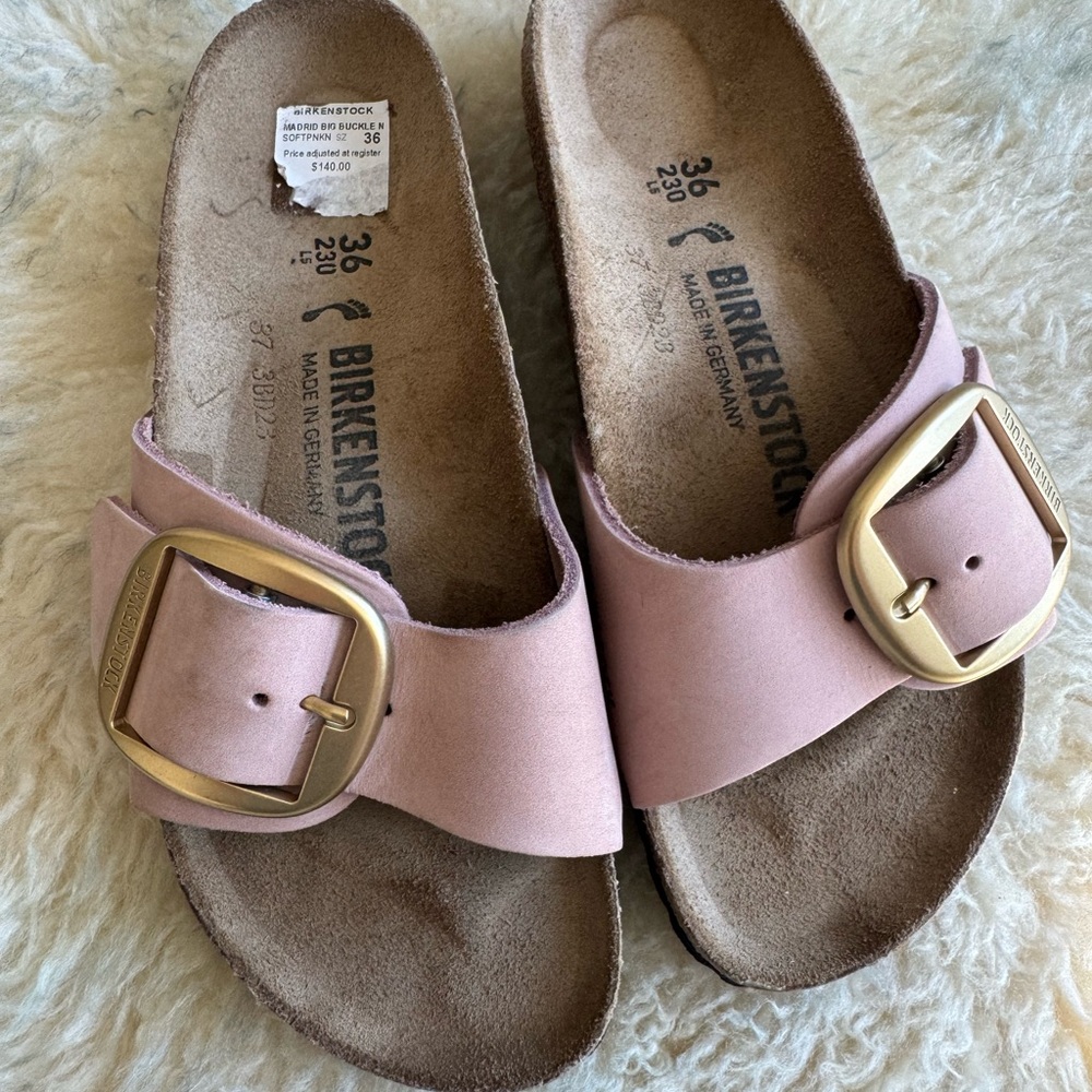 Birkenstock Madrid Gold Big Buckle Old Rose Nubuck Leather Size 36